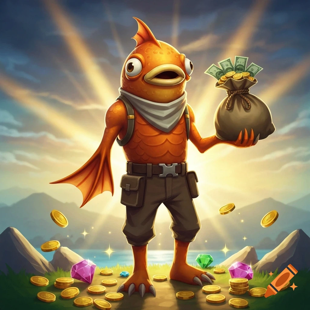 A cartoonish orange fish character in a bandana and cargo pants holds a bag of money amidst coins and gems under a radiant sky.