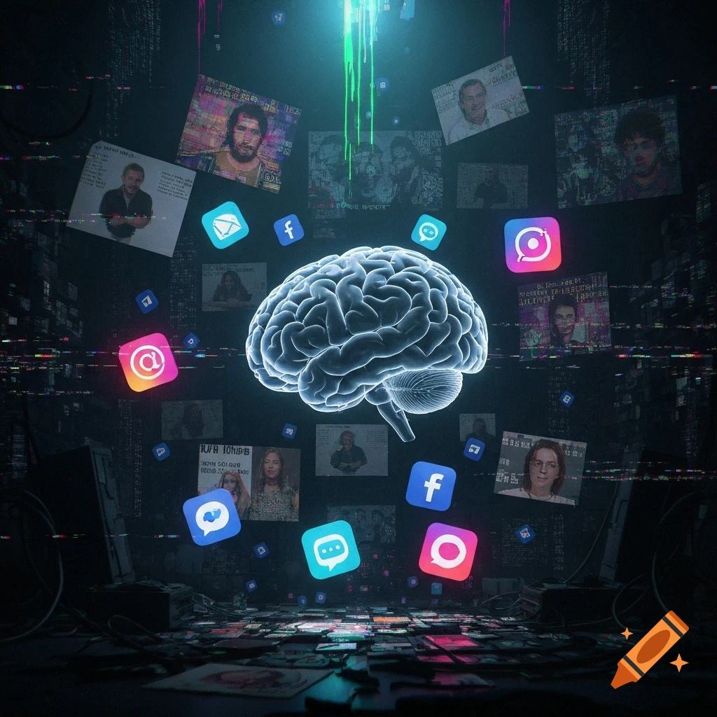 A glowing, translucent brain floats centrally, surrounded by various social media icons and glitchy holographic photos of people in a dark, dystopian digital space.