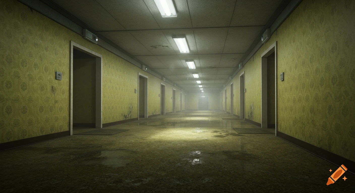 A long, dimly lit hallway with yellow patterned wallpaper, identical doors, and a wet, dirty floor in a Backrooms-style setting.