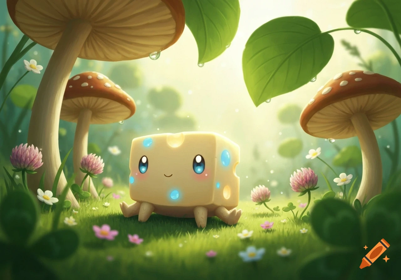 A cute, smiling cheese creature with big blue eyes and tiny legs sits in a magical forest amongst large mushrooms and flowers.