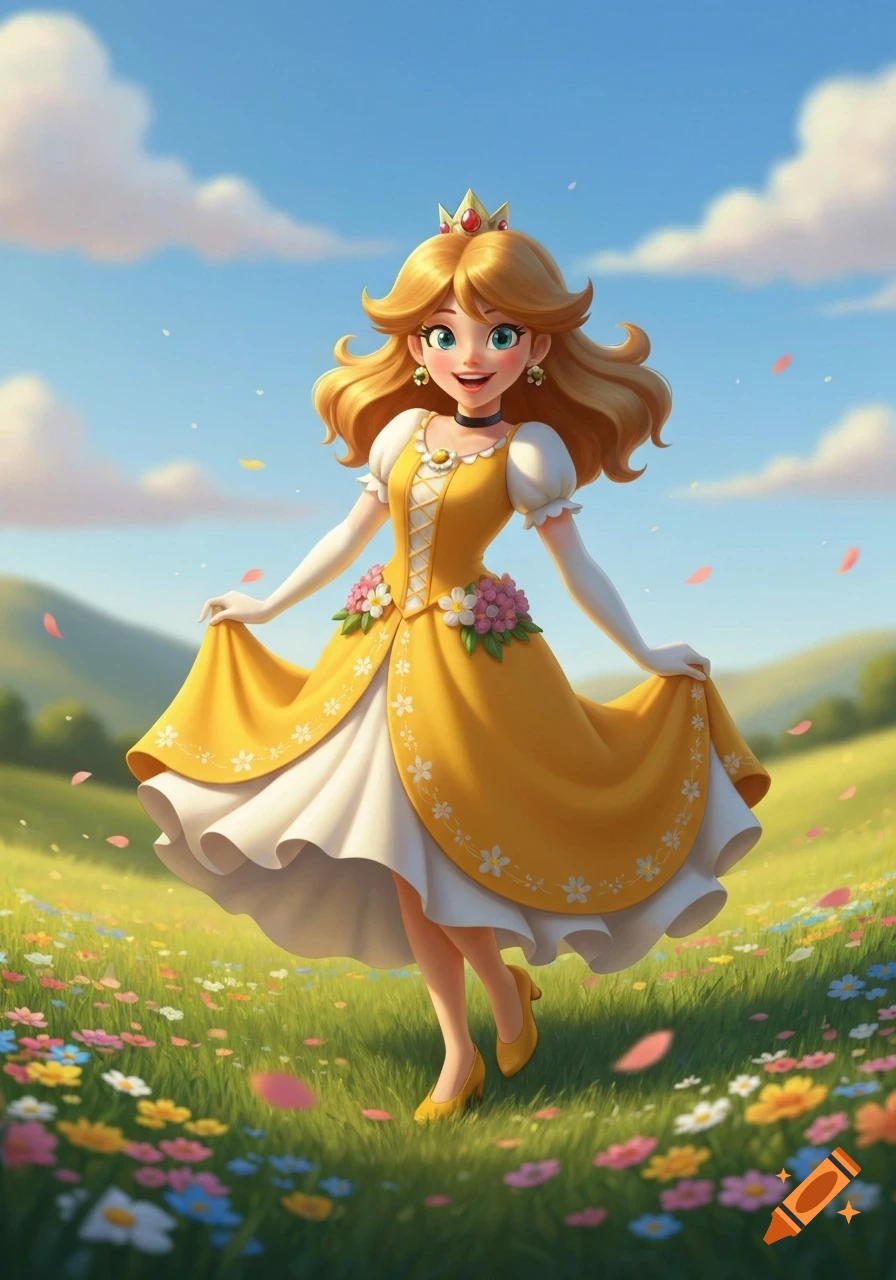 A cheerful cartoon princess with a crown and a yellow dress stands in a sunny, flower-filled meadow.