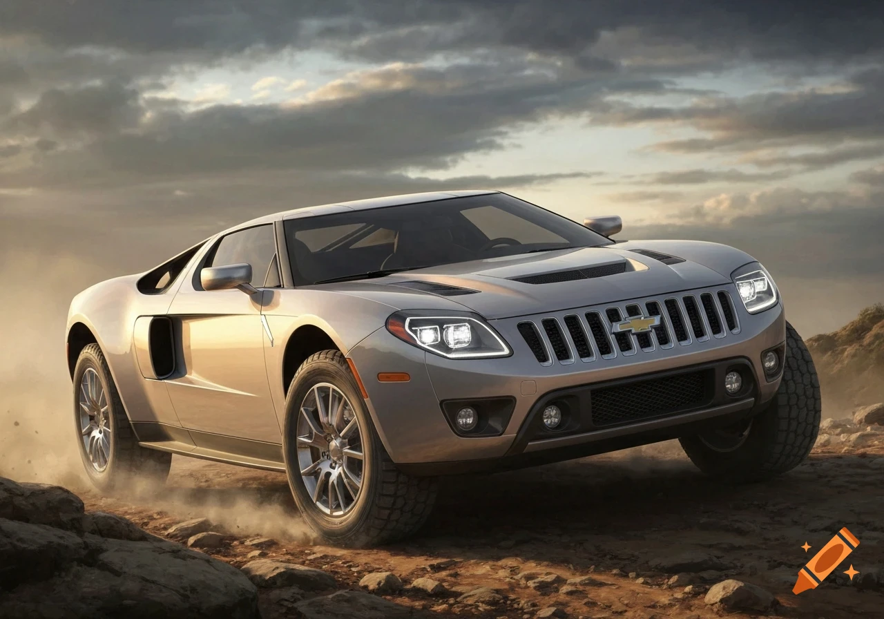 A silver, photorealistic hybrid concept car with a rugged off-road grille and tires drives on dusty, rocky terrain under a cloudy sky.