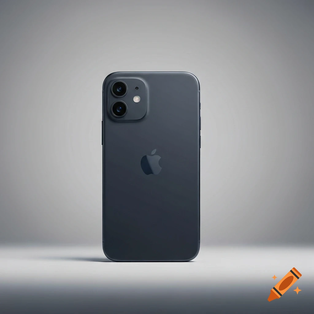 Dark gray iPhone with dual cameras and Apple logo on the back, against a neutral gray background.