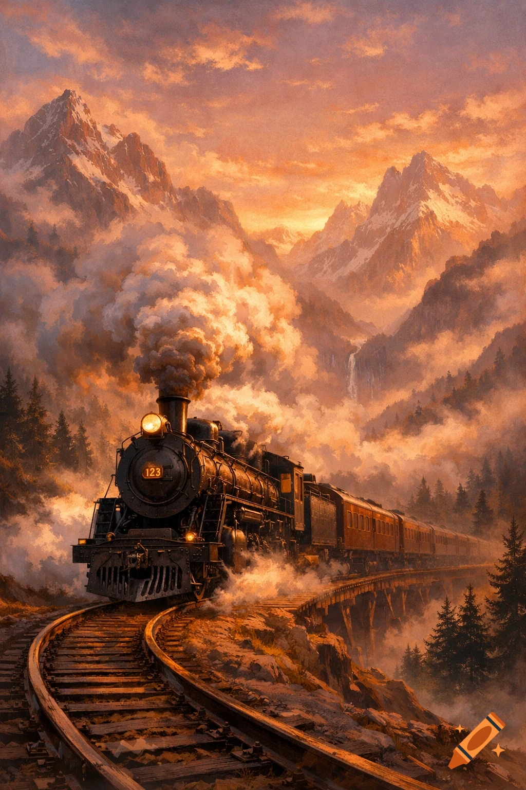A vintage steam train chugs through a dramatic, mountainous landscape at sunset, emitting thick plumes of smoke.