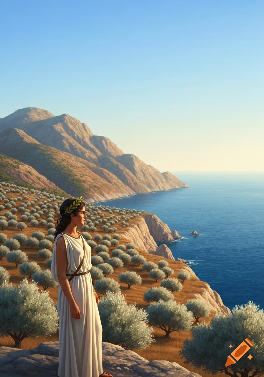 An ancient Greek woman in a white chiton and laurel wreath stands on a hill overlooking the sea, mountains, and olive groves.