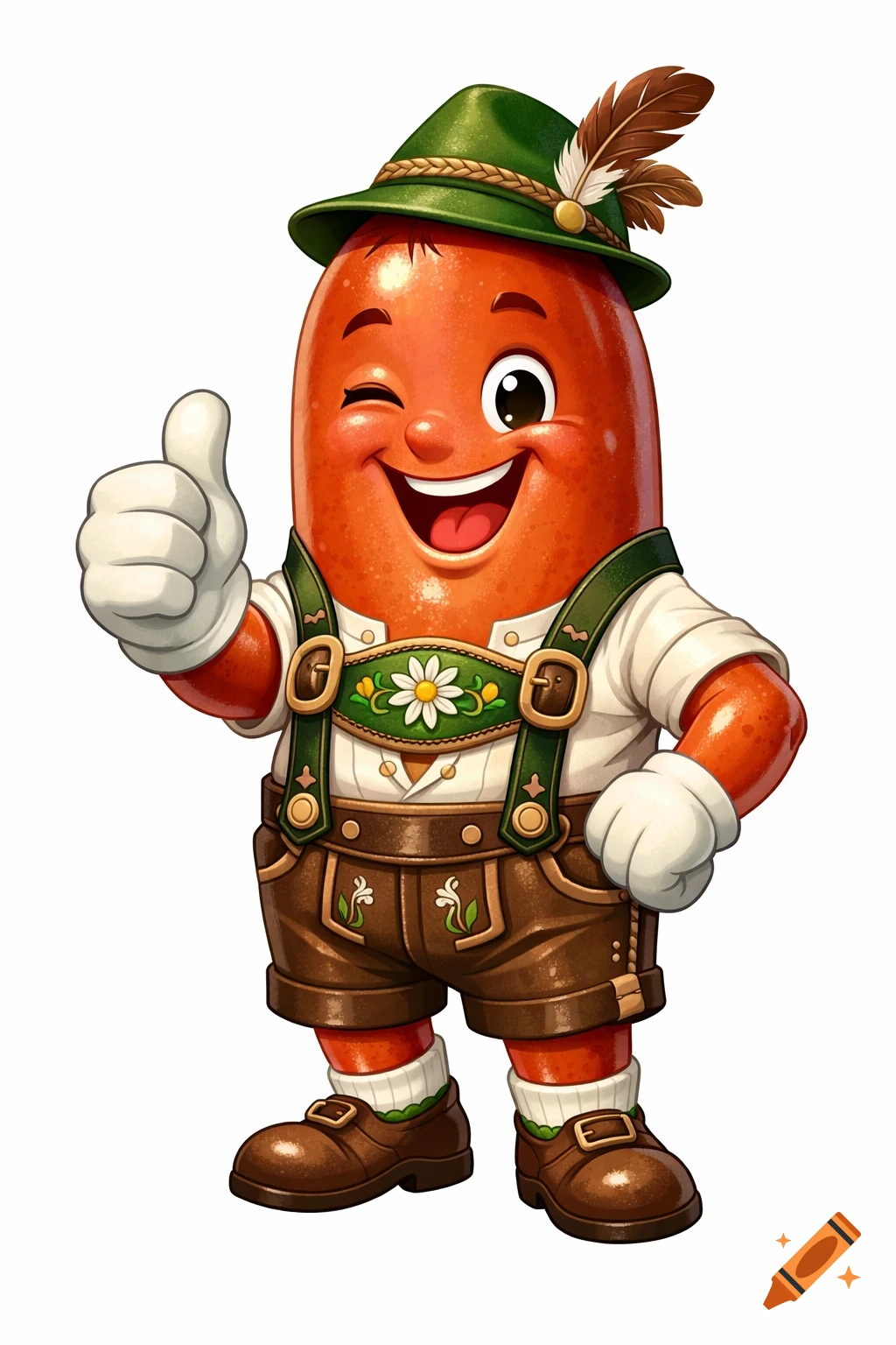 A cheerful, winking cartoon sausage character dressed in green lederhosen and a matching hat gives a thumbs up.