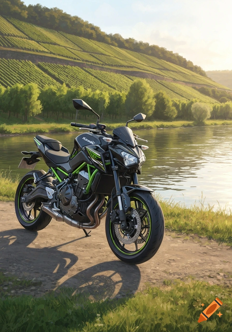 A black and green Kawasaki Z650 motorcycle is parked on a dirt path next to a river, with green vineyards on a hill in the background, in a painted style.