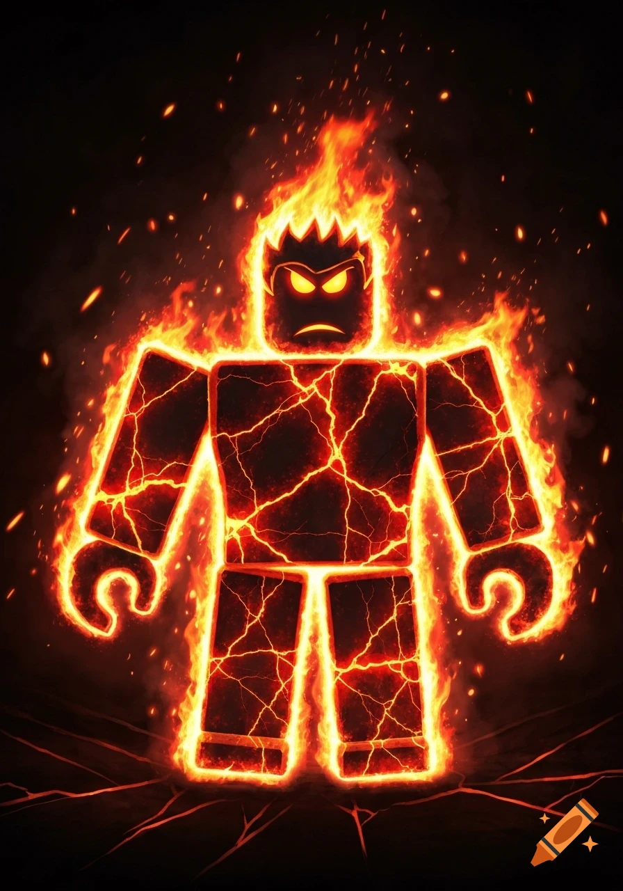 A Roblox character engulfed in a fiery aura, with lava-like cracks, glowing red eyes, and an angry expression.