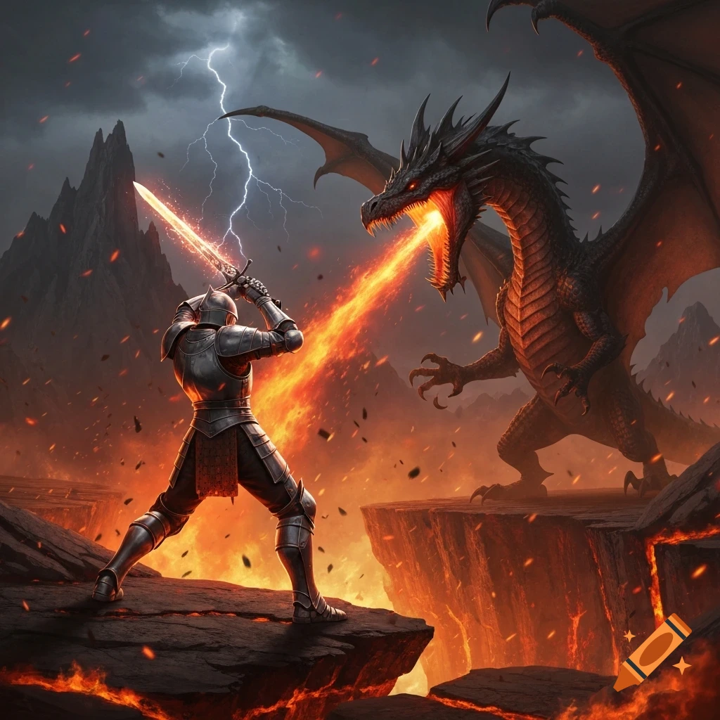 A knight in shining armor battles a fire-breathing dragon on jagged, fiery cliffs under a stormy sky with lightning.