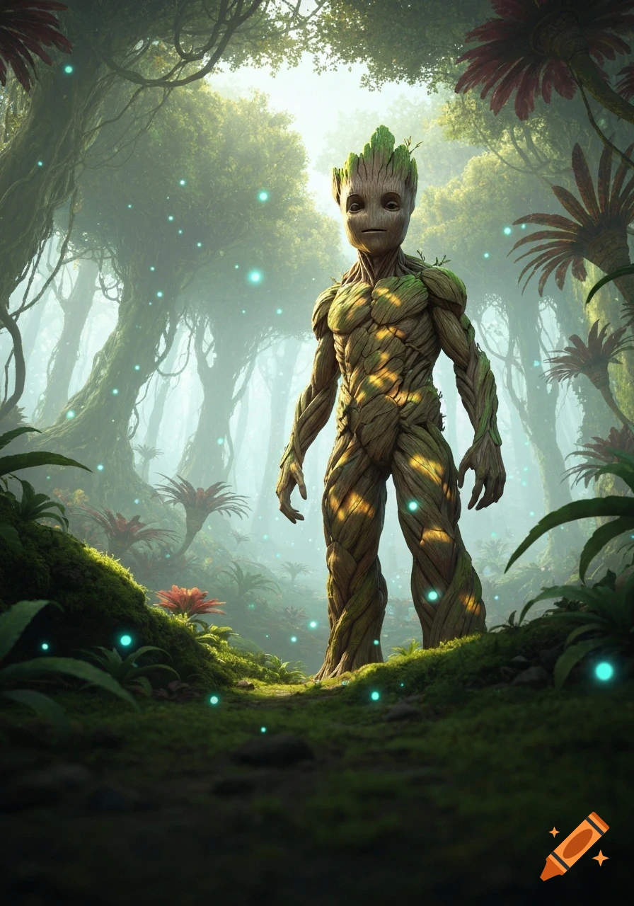 Groot stands in a vibrant, misty fantasy forest, illuminated by glowing blue orbs and dappled sunlight filtering through trees.