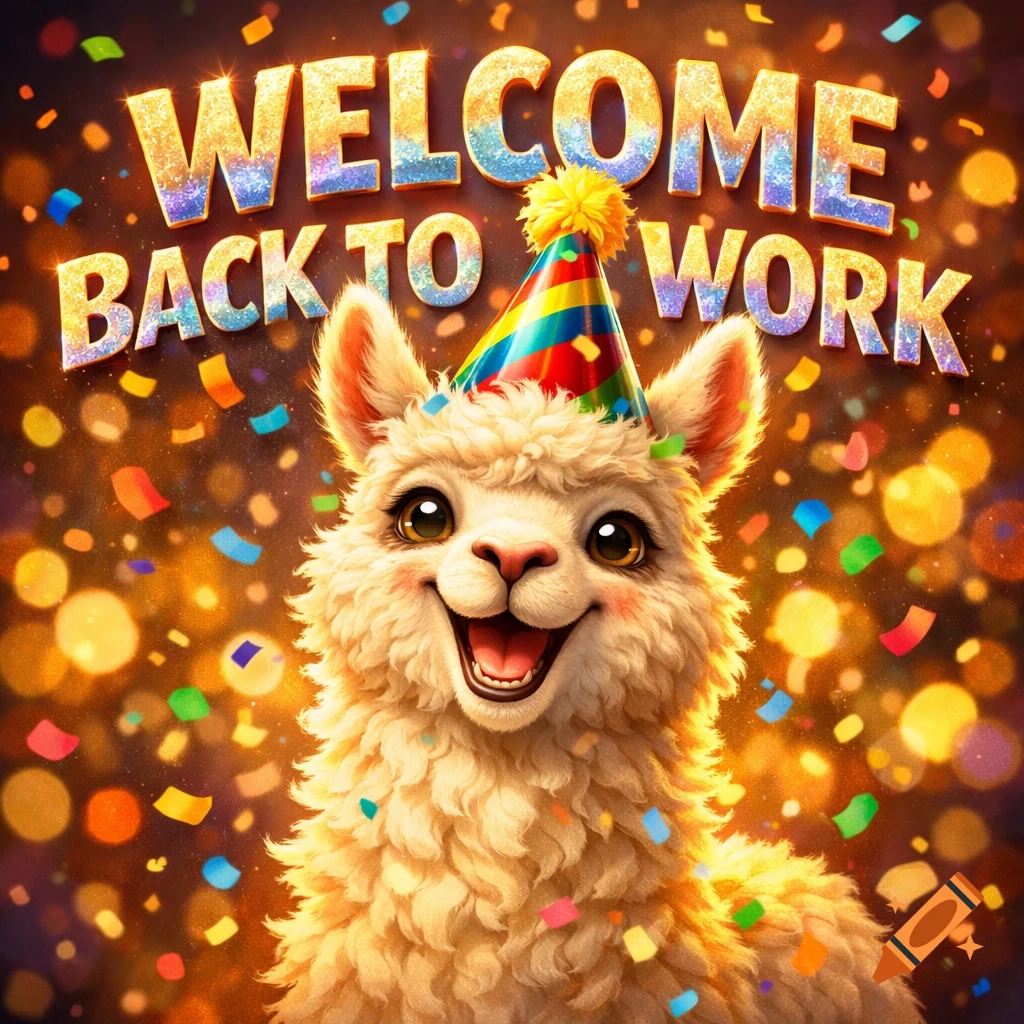 A smiling fluffy llama in a colorful party hat, surrounded by confetti and bokeh lights, with glittery text 'WELCOME BACK TO WORK'.