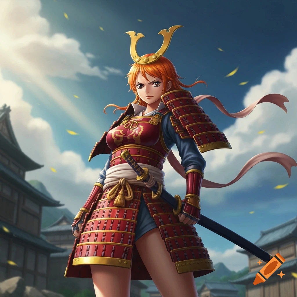 Anime illustration of Nami from One Piece in red samurai armor, holding a katana, with Japanese buildings and a blue sky in the background.
