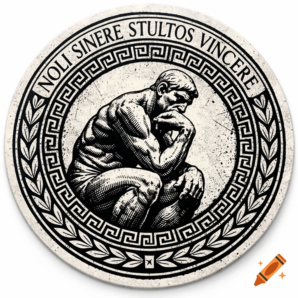 Circular coaster design with a high-contrast illustration of 'The Thinker' statue, Latin text, and a Greek key border.