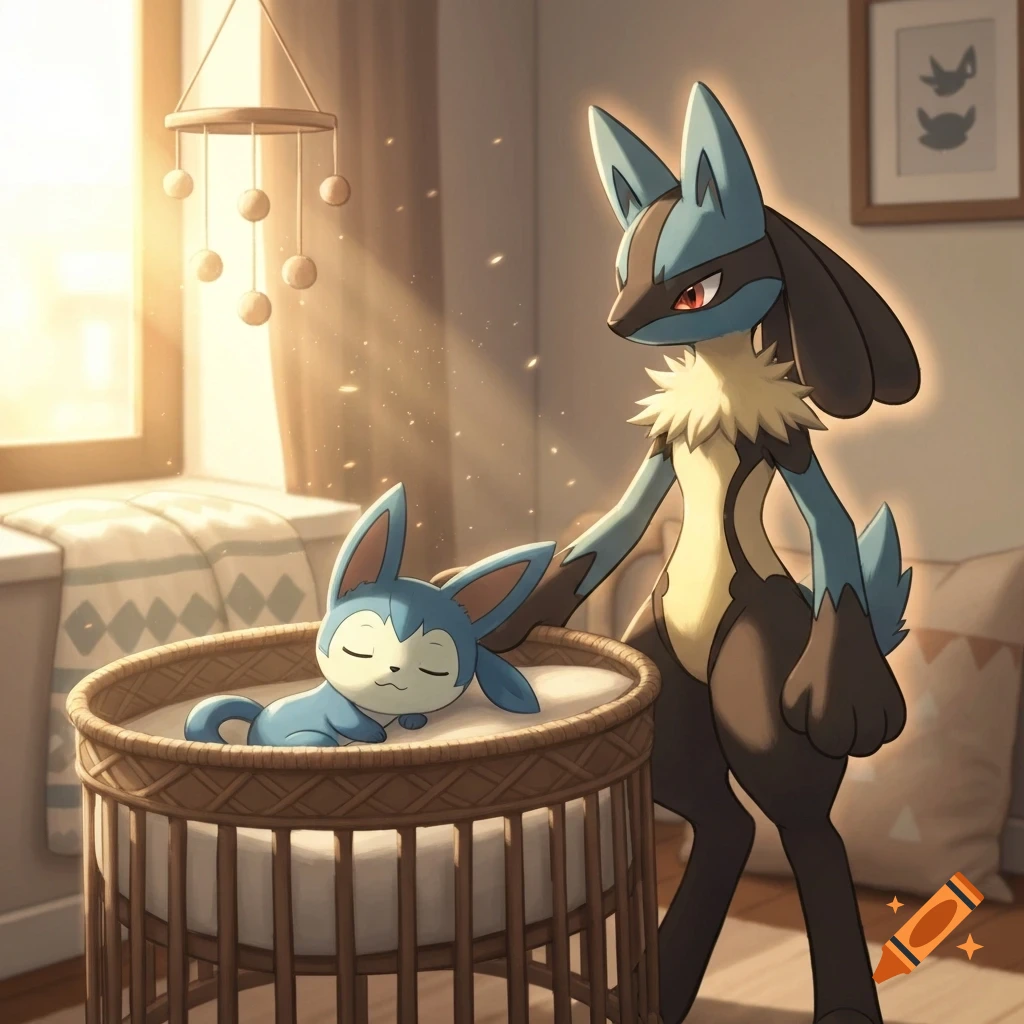 A tall Lucario stands next to a crib where a baby Riolu is sleeping soundly, bathed in warm sunlight.