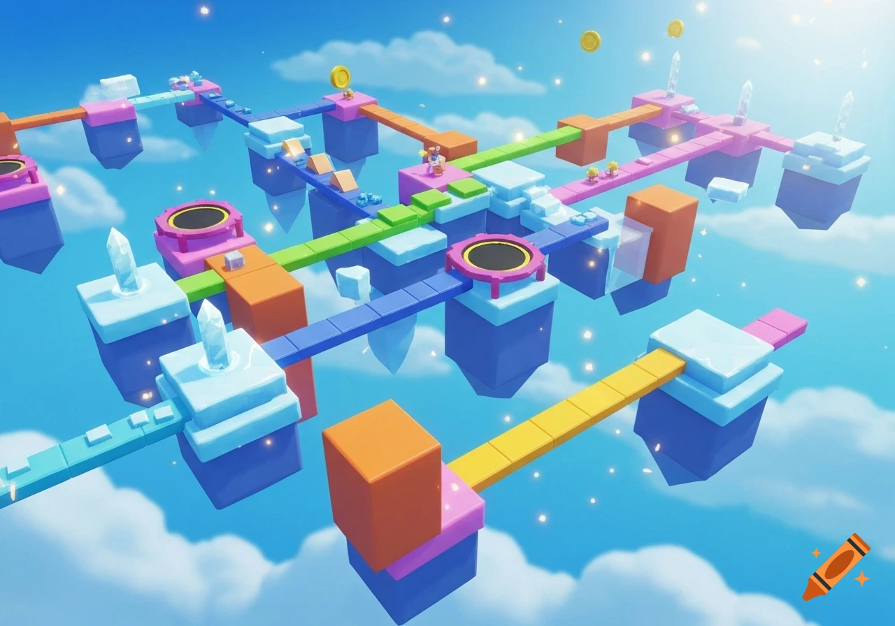A vibrant 3D platformer game level with floating islands, colorful bridges, trampolines, and golden coins in a blue sky.