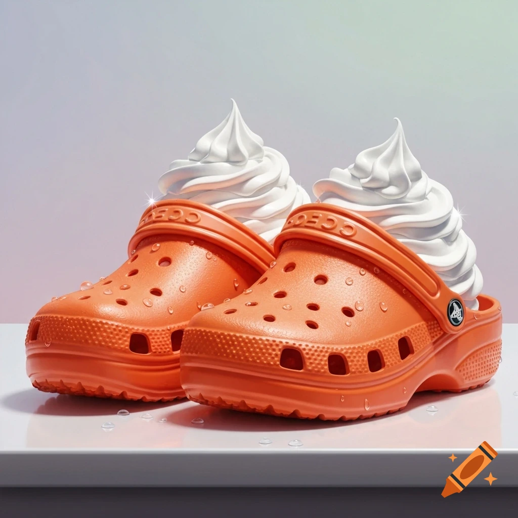 A pair of vibrant orange Crocs clogs, each filled with a swirl of white whipped cream, on a clean white surface with water droplets, in a photorealistic style.