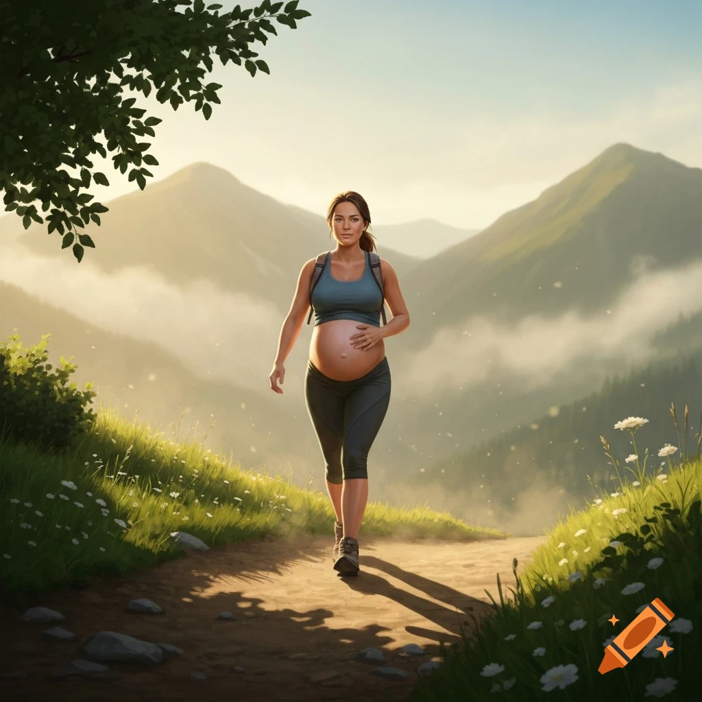 A pregnant woman in athletic wear hikes on a mountain trail, holding her belly, with misty mountains in the background.
