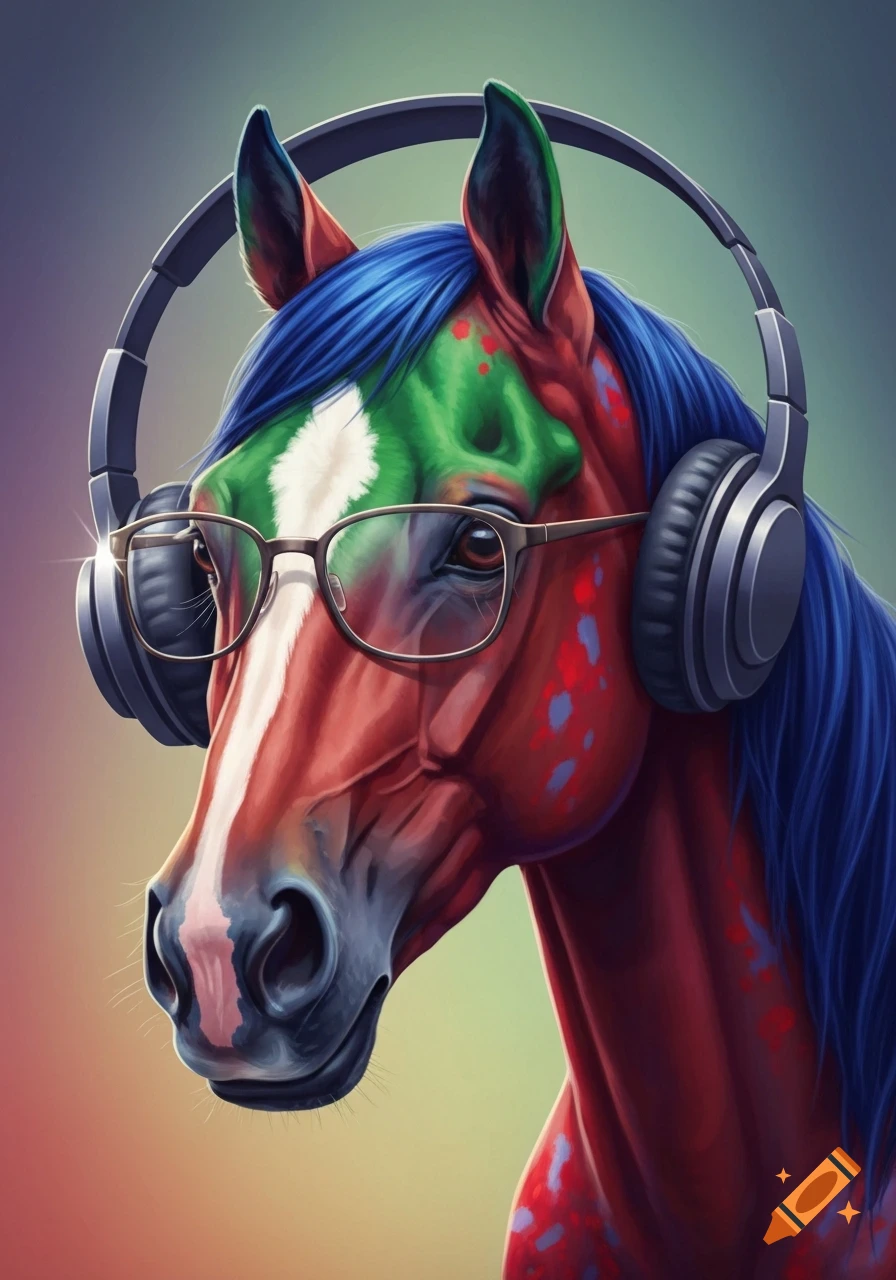 A vibrant, digitally painted horse head wears headphones and glasses, with a red, green, blue, and white coat.
