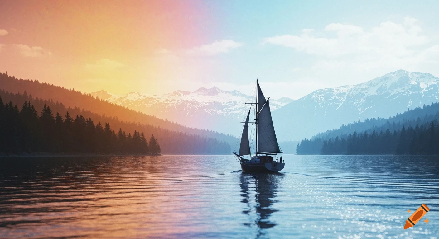 A sailboat drifts on a serene lake, flanked by a dense forest and snow-capped mountains under a sky painted with warm and cool sunset hues.