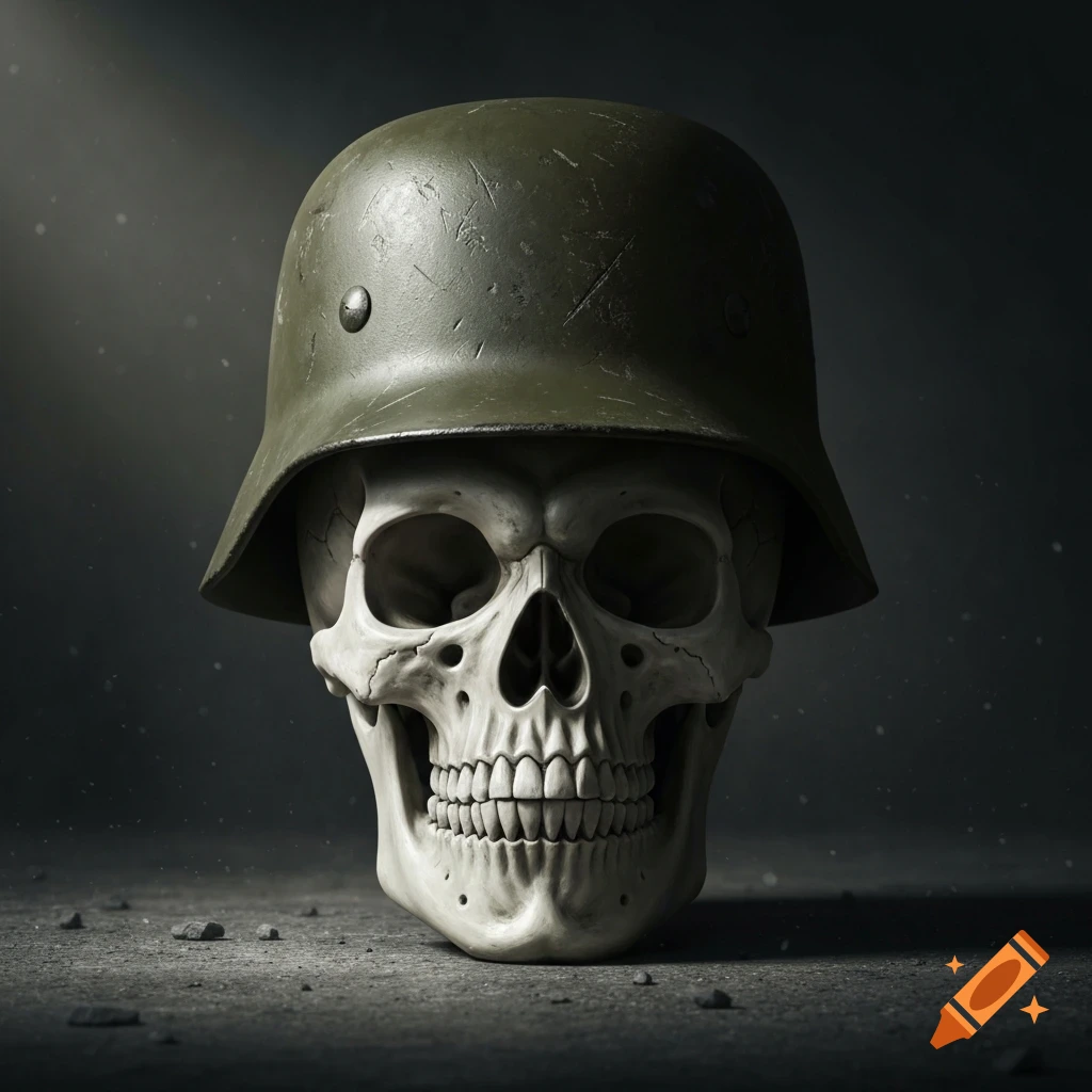 Photorealistic image of a human skull wearing a weathered green military helmet, resting on a dark, dusty surface.