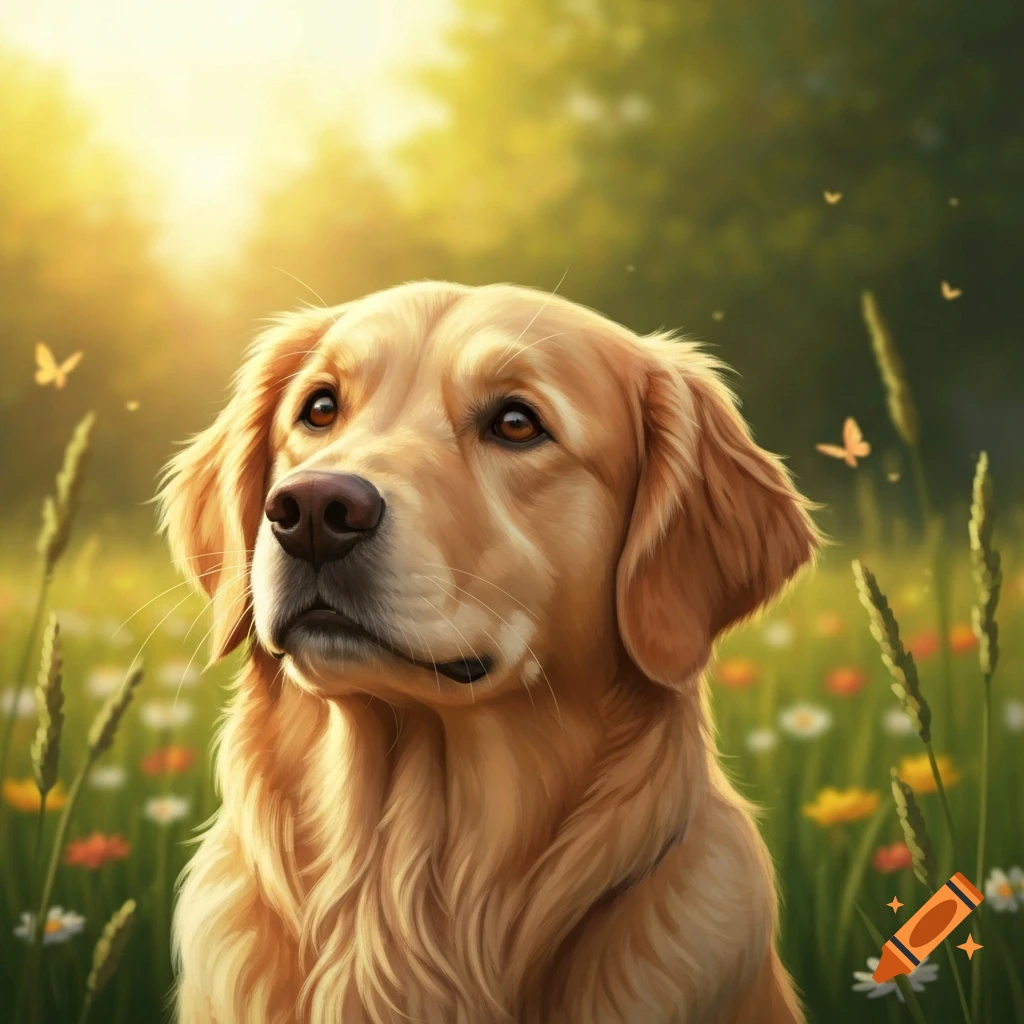 A golden retriever dog sits in a sunny field filled with wildflowers and butterflies, depicted in a painterly style.