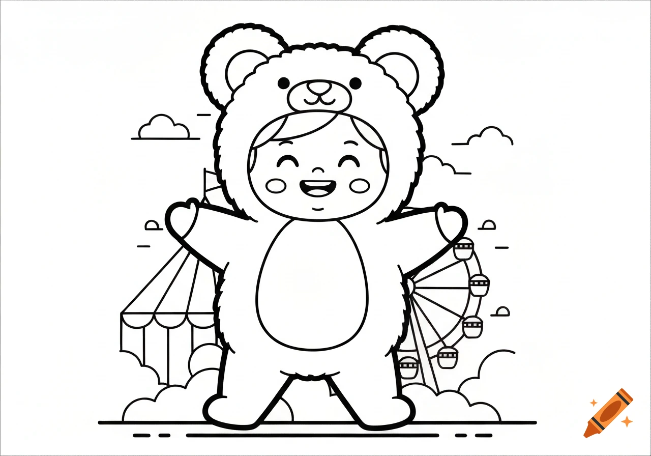 Smiling child in a fluffy bear costume at a carnival, with a tent and ferris wheel in the background, black and white coloring book illustration.