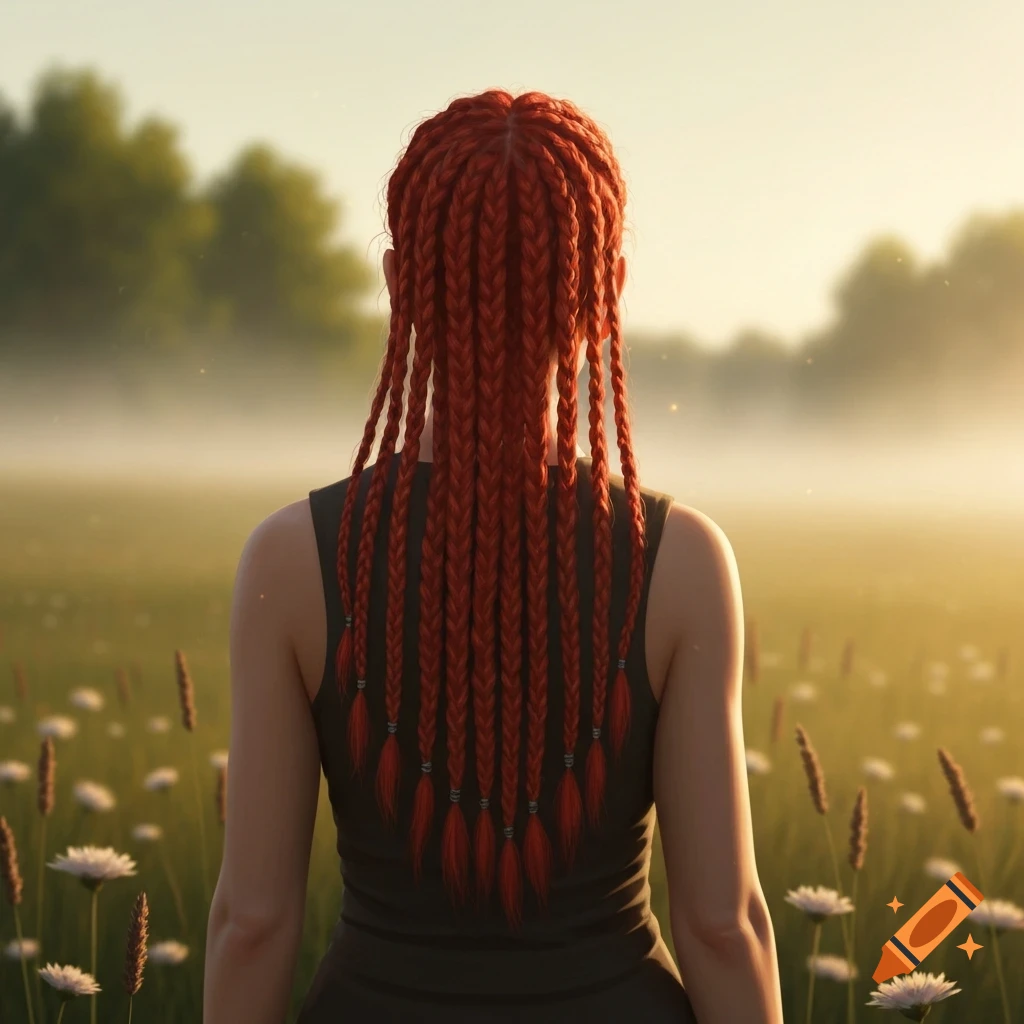 Photorealistic image of a woman with long red braids, viewed from behind, standing in a misty field with white flowers.