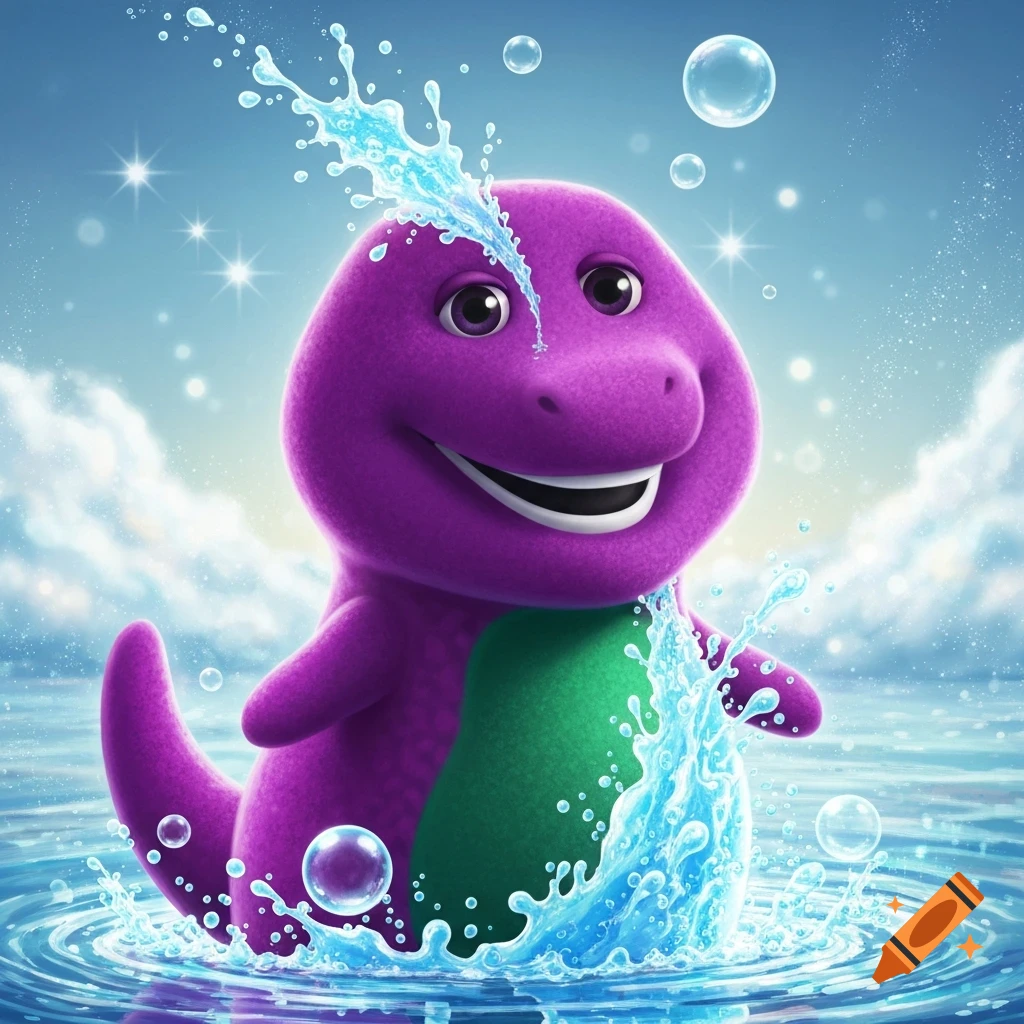 A friendly purple dinosaur with a green belly splashes joyfully in a calm blue water pool under a bright sky with clouds and bubbles.