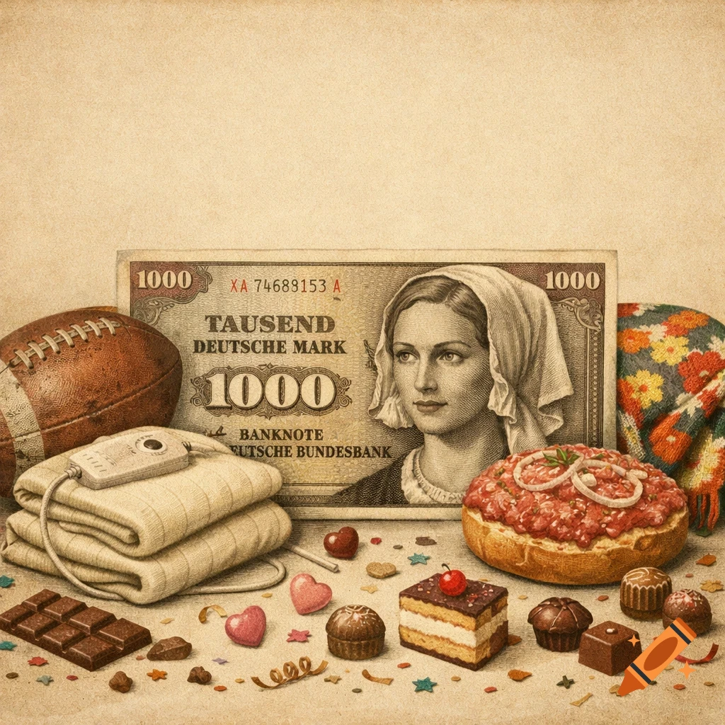 A vintage still life featuring a 1000 Deutsche Mark banknote, a football, a heating blanket, a mettbrötchen, cake, and chocolates.