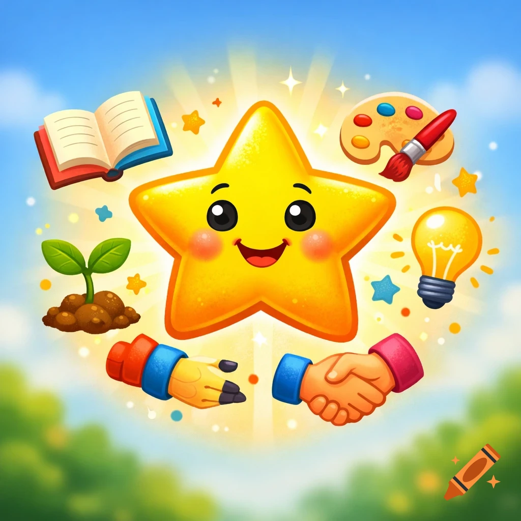 A cheerful cartoon star surrounded by icons of education, growth, ideas, art, and collaboration against a blue sky.
