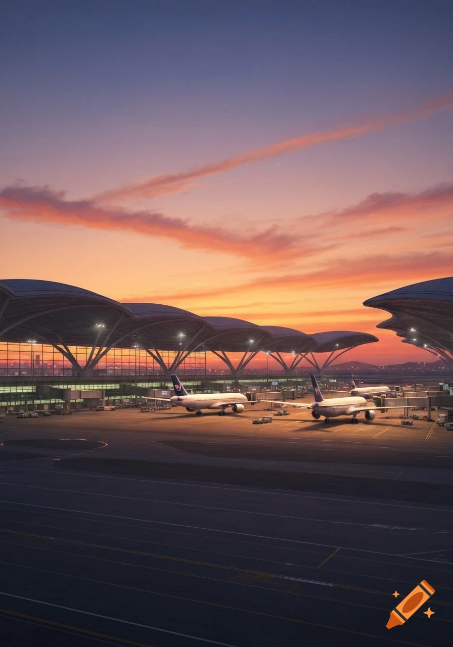 A stunning view of an airport terminal at sunset, with two airplanes parked on the tarmac under a vibrant orange and purple sky.