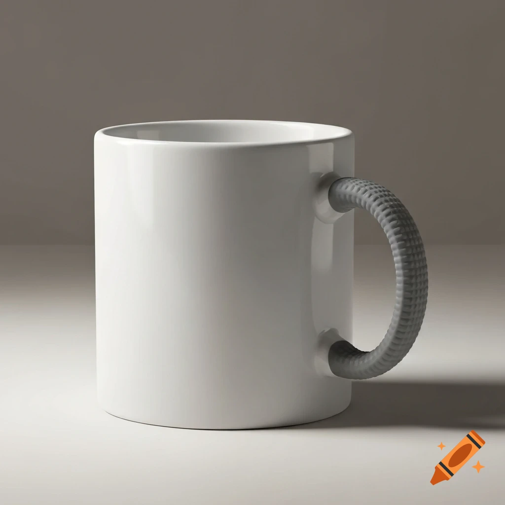 A plain white ceramic mug with a textured gray rubber handle, set against a neutral, softly lit background.