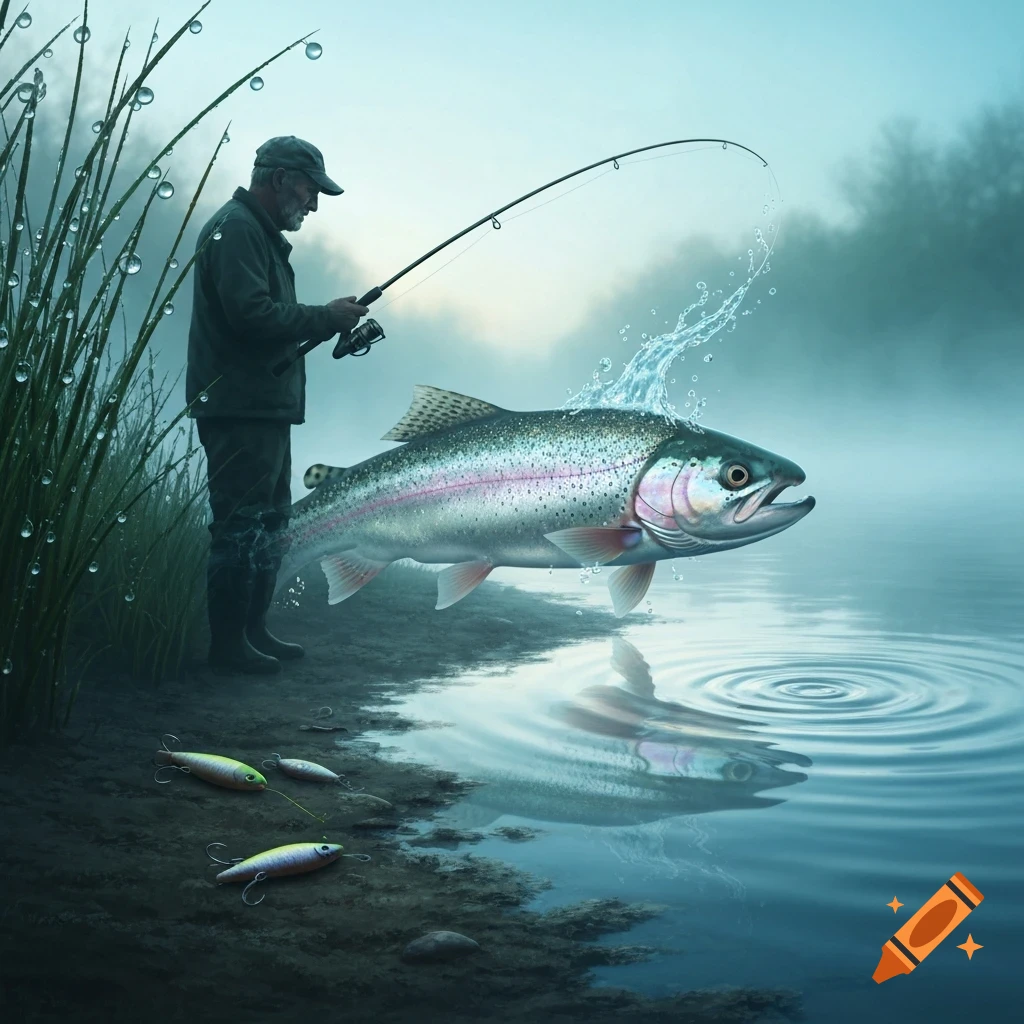 A fisherman stands by a misty lake, holding a fishing rod as a large rainbow trout leaps from the water, with lures on the bank.