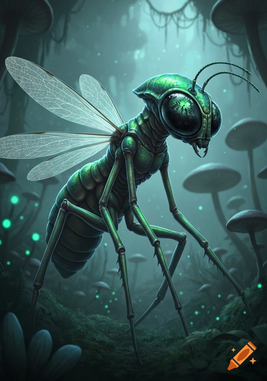 A detailed green insect-like alien with large compound eyes and clear wings stands in a dark, glowing fantasy forest with mushrooms.