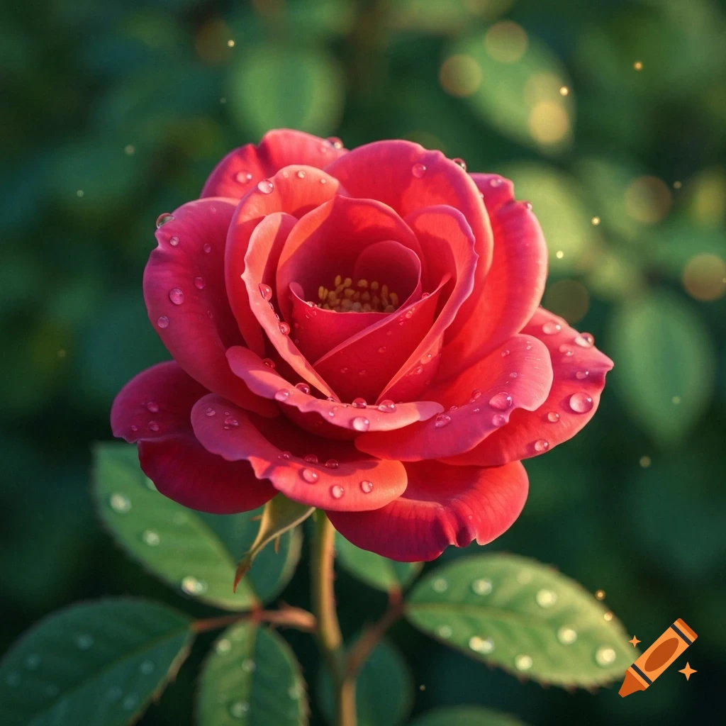 Close-up of a vibrant red rose with water droplets on its petals, set against a soft, blurry green background.