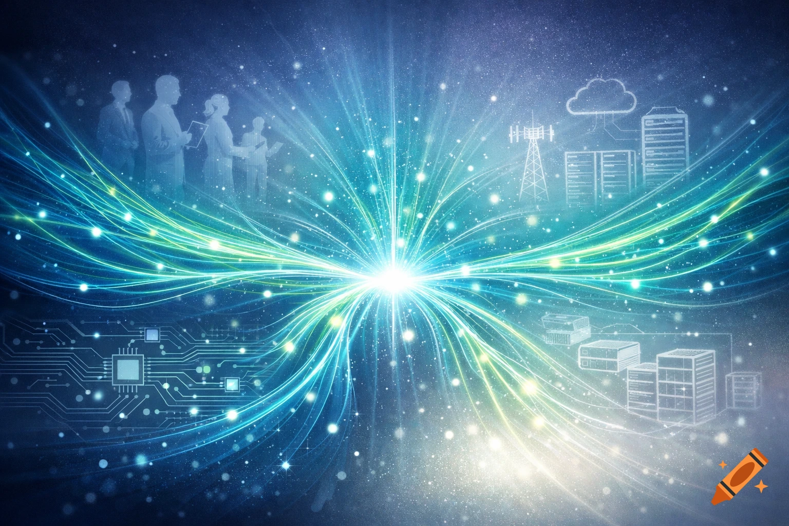 Futuristic digital illustration of data flow with glowing light trails, business silhouettes, circuit boards, and data centers.