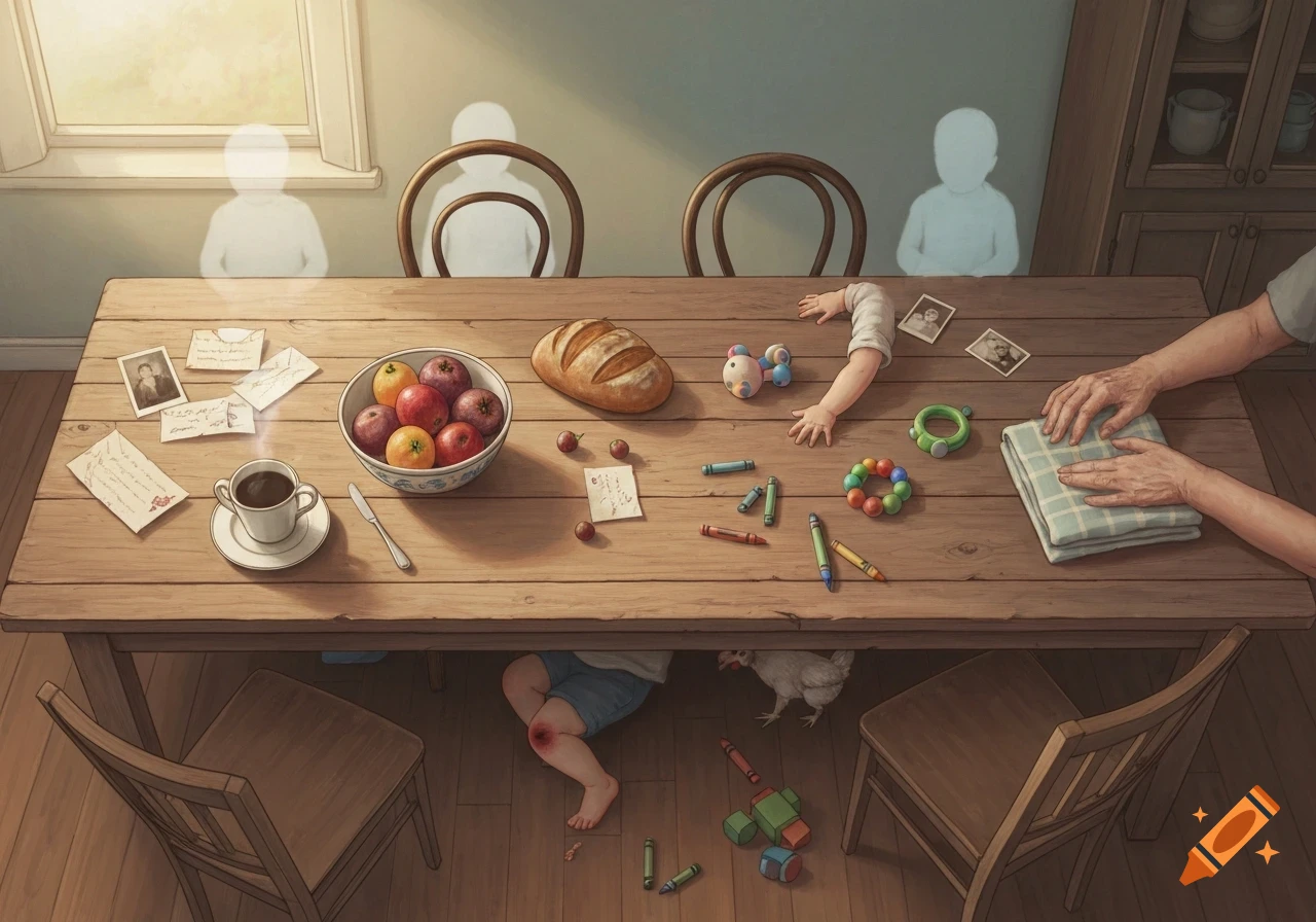 Painterly illustration of a worn wooden kitchen table with fruit, bread, coffee, baby toys, letters, ghost figures, and hands.
