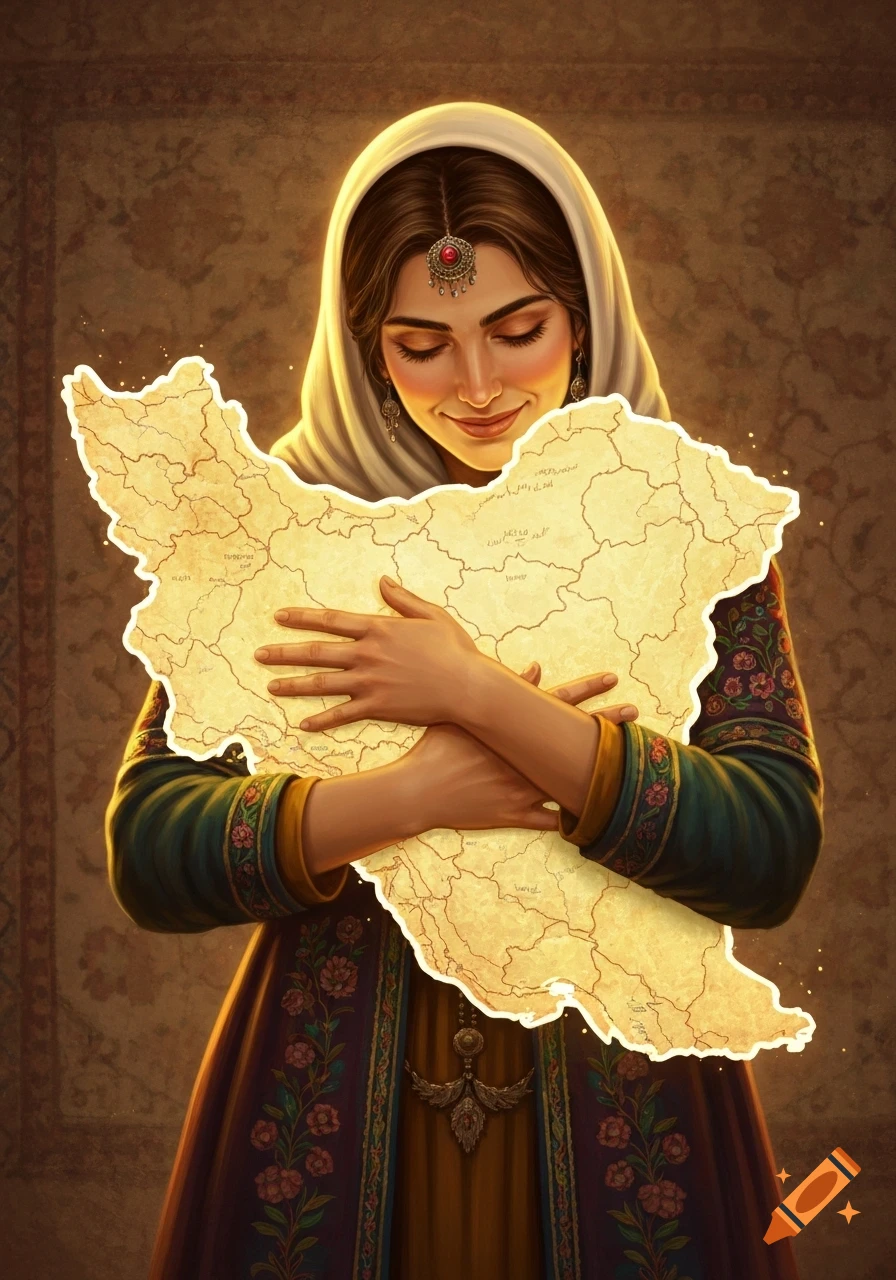 A woman in traditional Iranian clothing gently hugs a map of Iran, depicted in an artistic, warm-toned style.