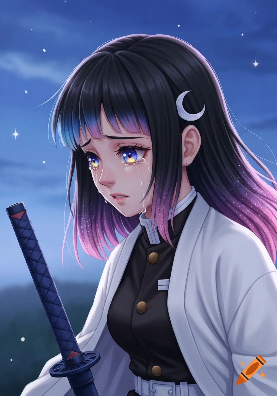 Crying anime girl with colorful, sparkling hair, blue-yellow eyes, wearing a black uniform, white haori, and holding a navy blue katana under a starry night sky.