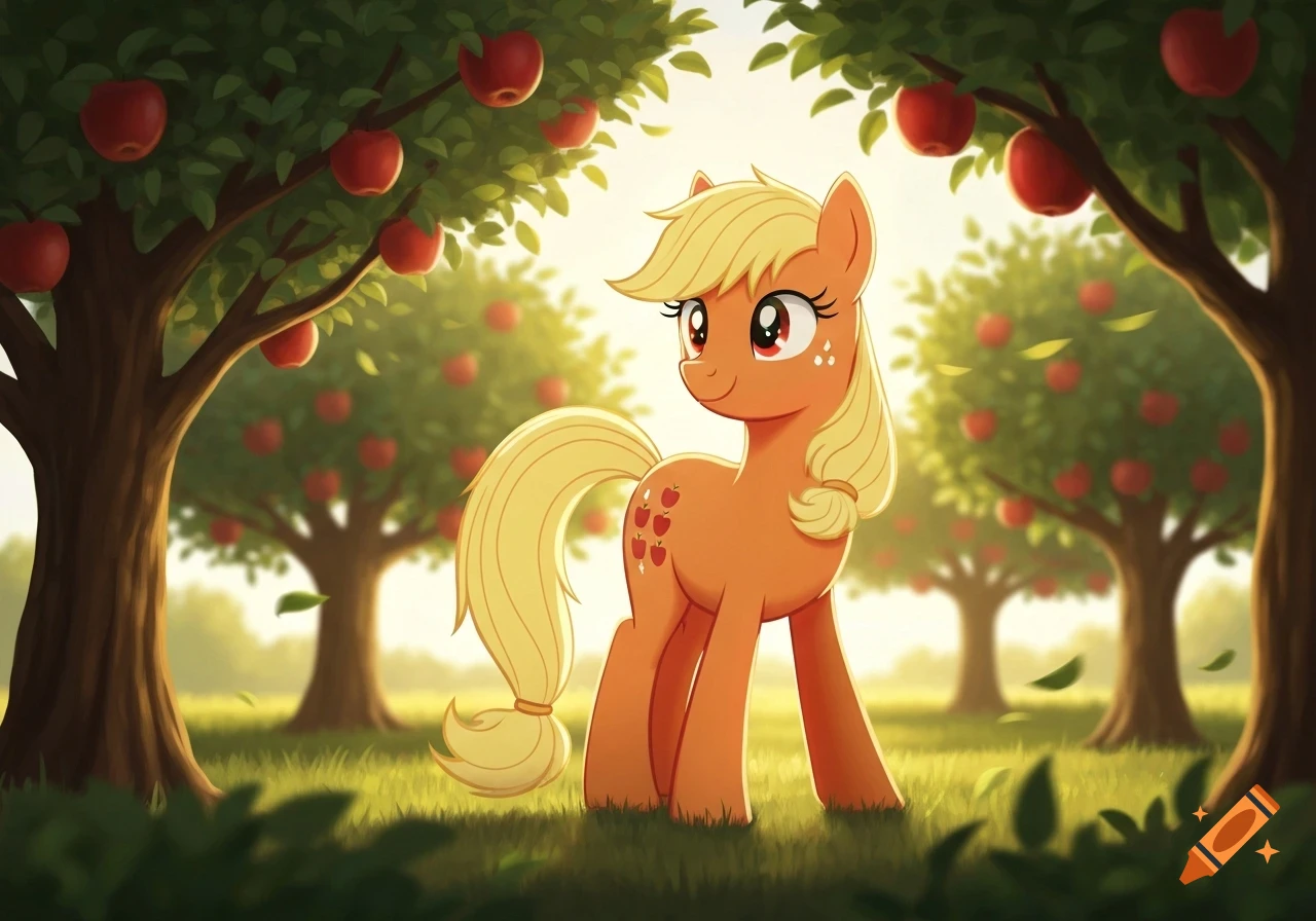 Applejack, a yellow and orange pony, stands in a lush green apple orchard with red apples on trees, in a cartoon style.