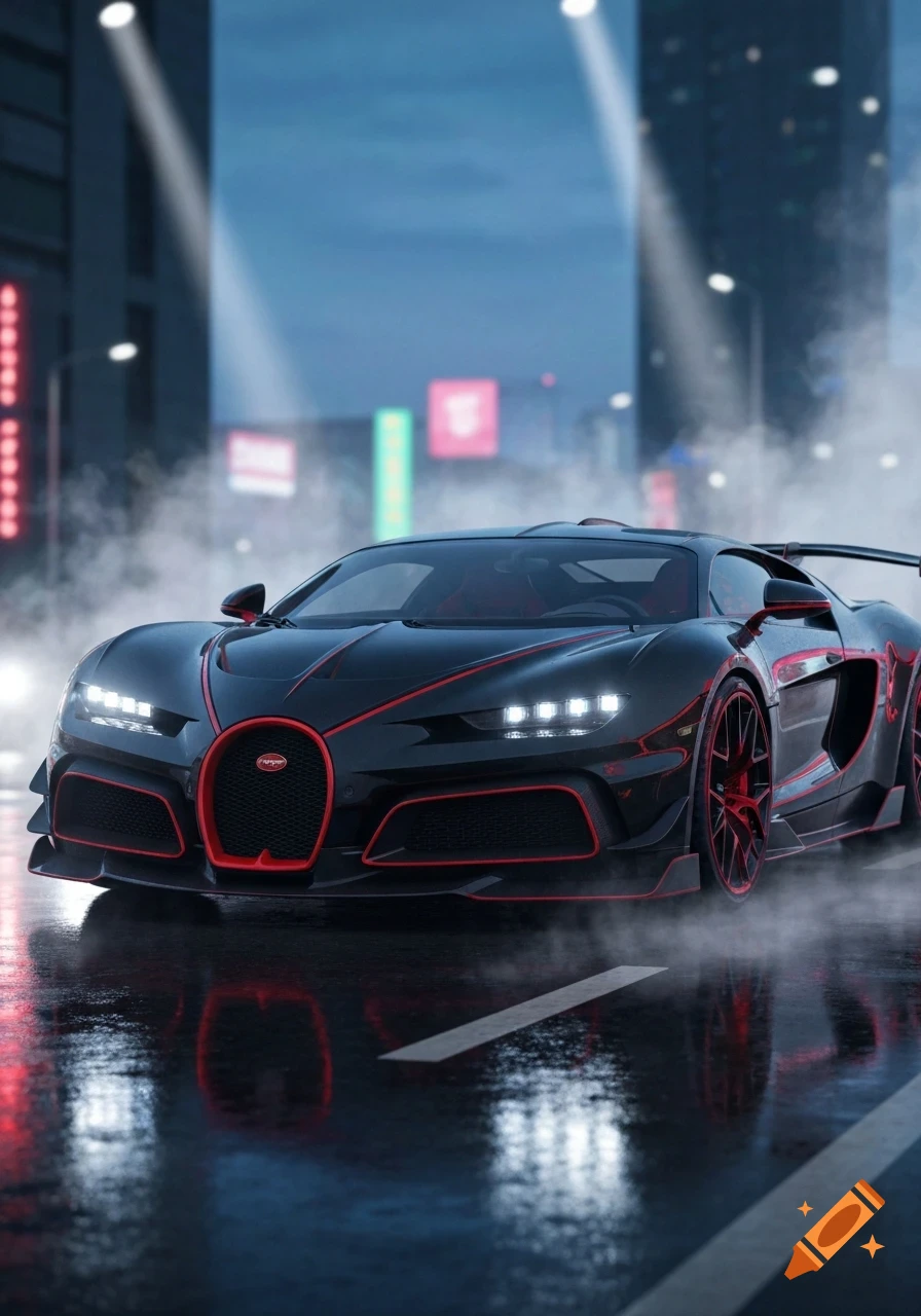 A sleek black sports car with red accents, resembling a Bugatti, on a wet city street at night, with streetlights and steam.