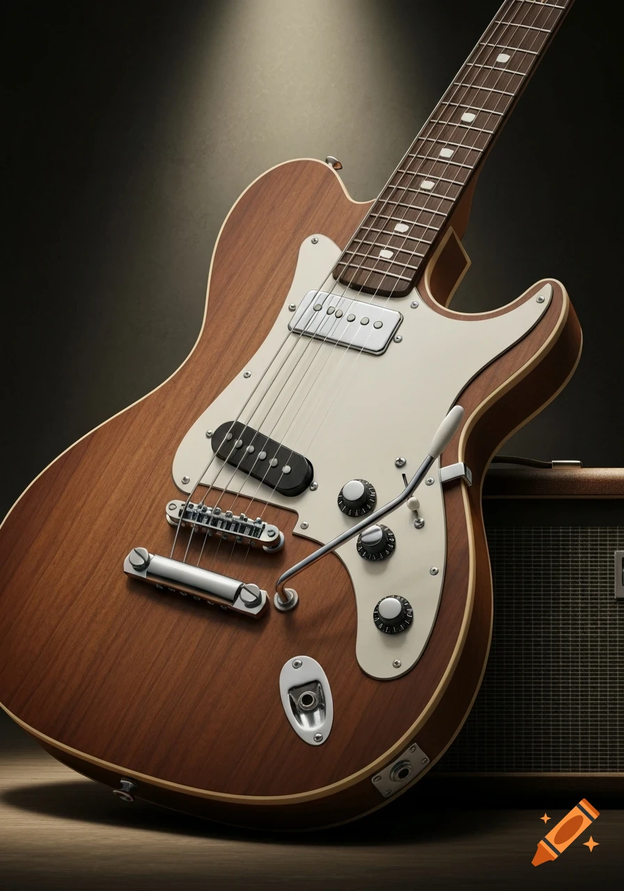 Close-up of a brown electric guitar with a white pickguard and an amplifier in the background, under a spotlight.