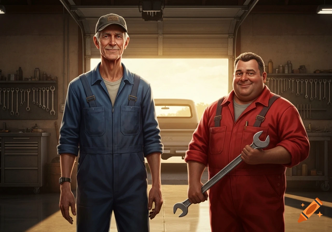 Two smiling male auto mechanics, one tall and thin, the other shorter and round, stand in a sunlit garage. The rounder mechanic holds a wrench.