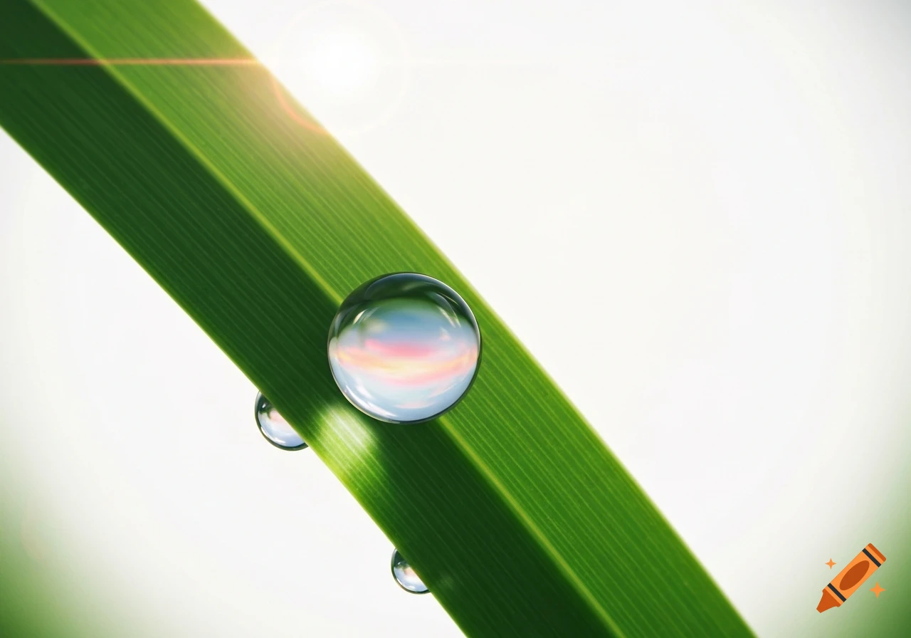Close-up of three clear water droplets on a vibrant green leaf against a white background.