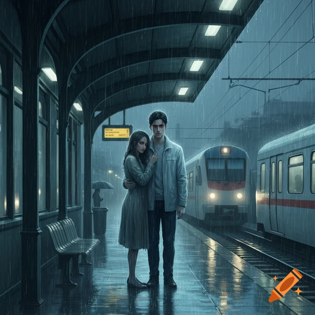 A man and a woman embrace under the shelter of a rainy train station platform, with a train in the background, in a moody digital illustration.
