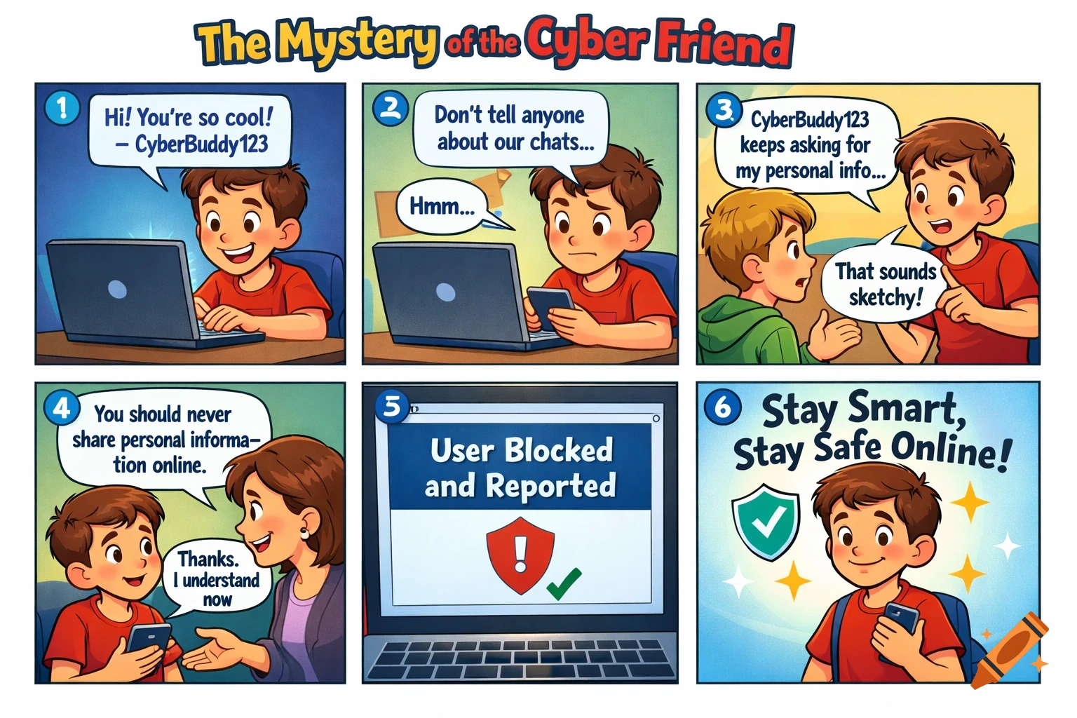 A 6-panel cartoon strip titled 'The Mystery of the Cyber Friend' about online safety, showing a boy learning not to share personal info.