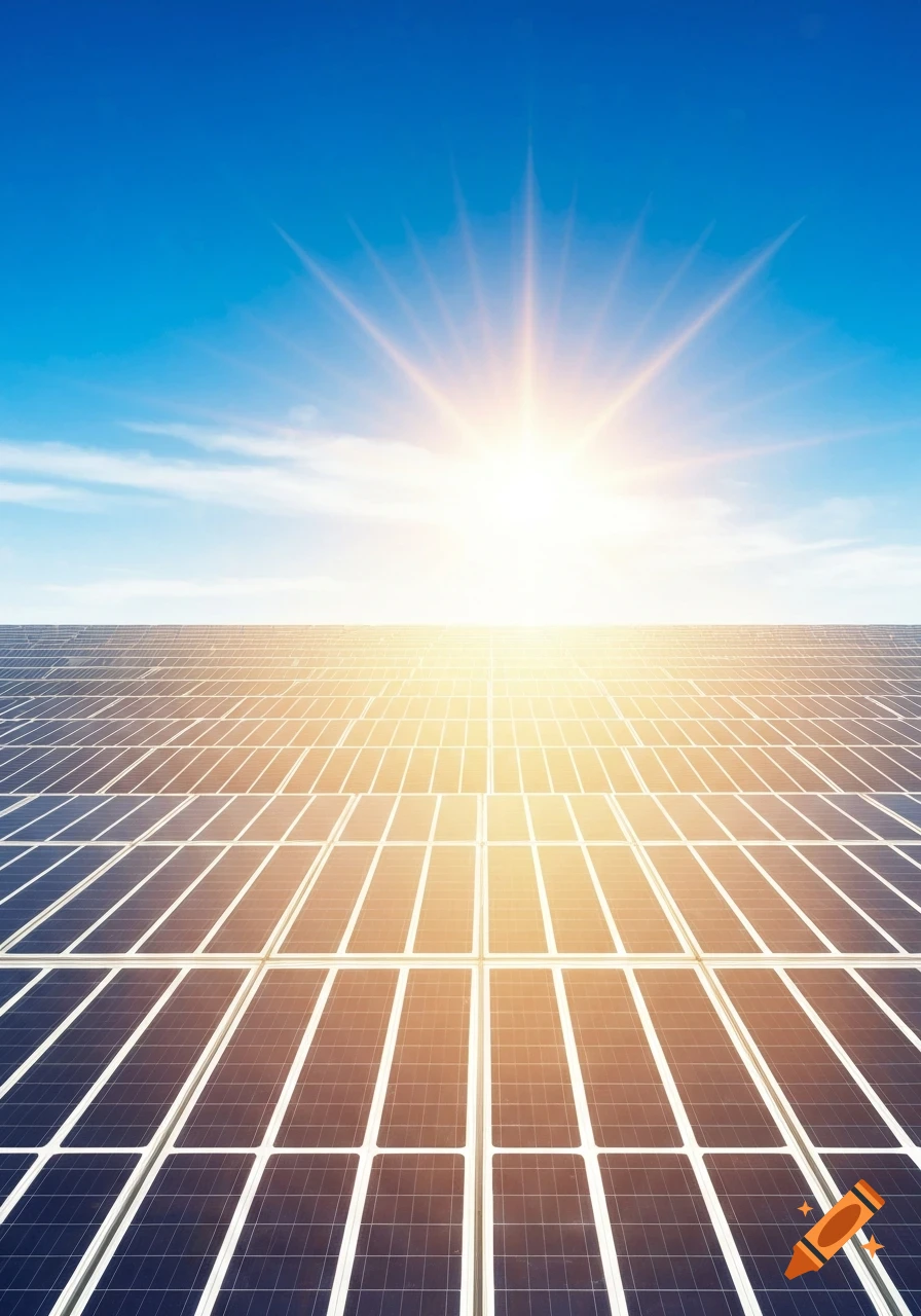 A vast field of blue solar panels stretches under a bright blue sky with the sun glowing directly above.