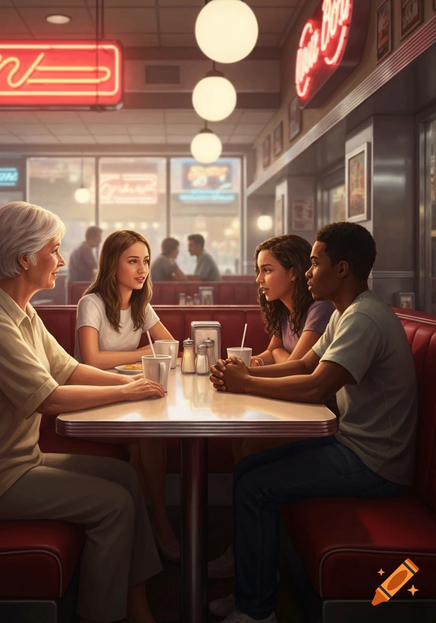 Four people, including an older woman, two young women, and a young man, sit at a booth in a retro diner under neon signs.
