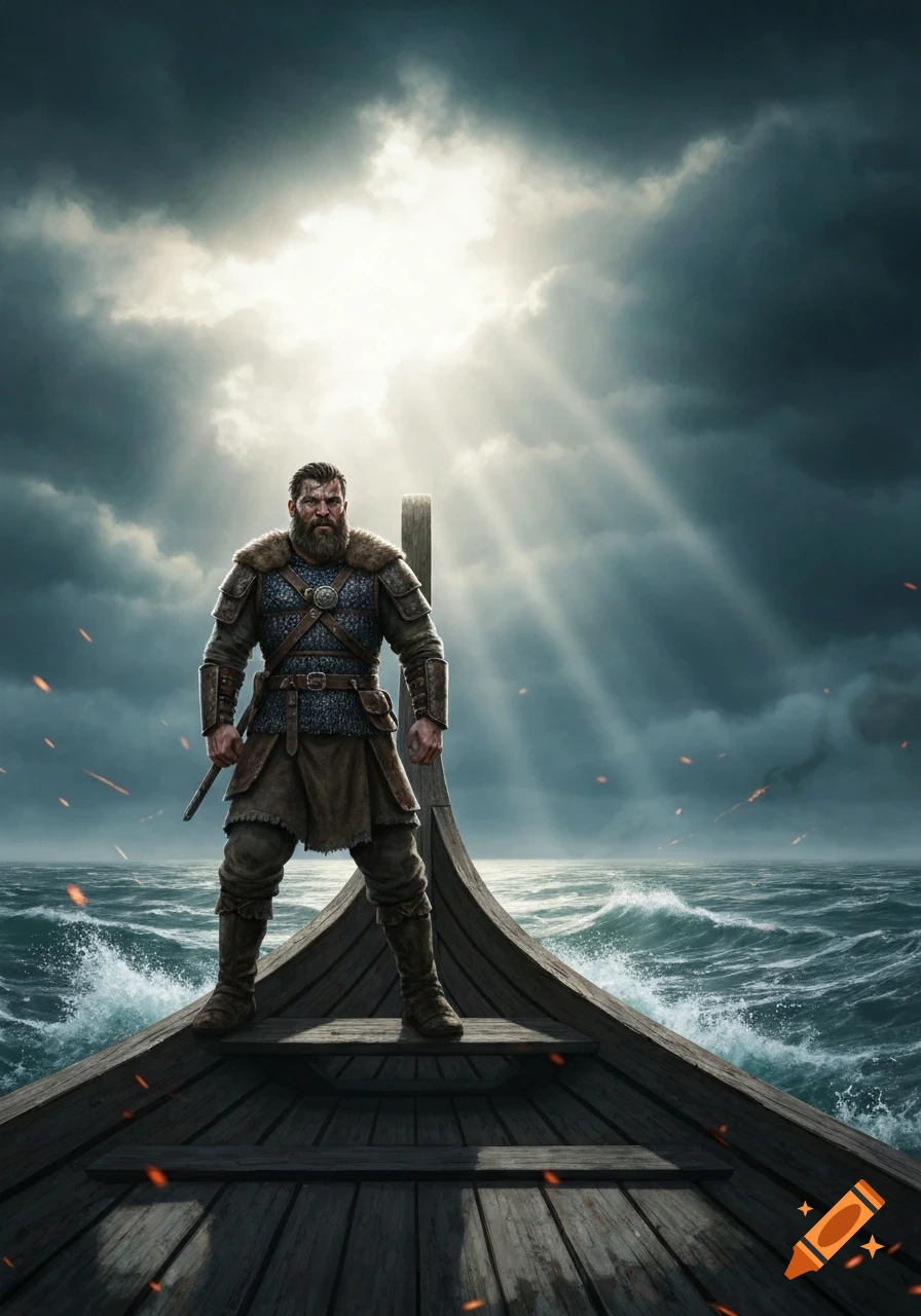 Bearded Viking warrior in armor stands on a longboat's bow under dramatic stormy skies with sun rays over rough seas.