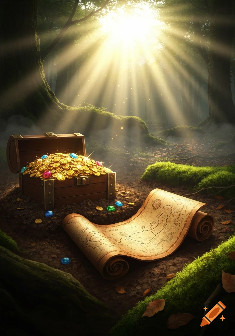 A wooden treasure chest brimming with gold coins and colorful gems sits on a dirt mound in a sunlit, mossy forest, with an unfurled map nearby.